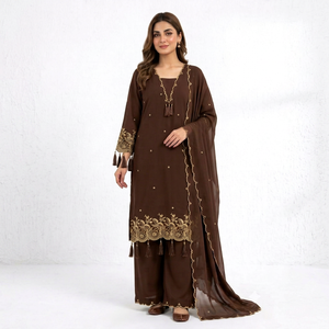 Conjunto Sharara Bordado Marrón para Mujer, Kurta de Algodón con Dupatta, Traje Étnico para Bodas y Fiestas - Product Image 1