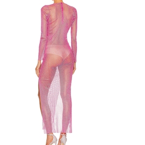 Sexy da donna a maglia diamantata trasparente abiti scintillanti di strass di lusso impreziositi Maxi abito trasparente in rosa di fabbrica OEM - Product Image 4