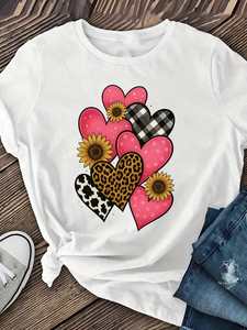 T-shirt da donna con stampa a cuore, manica corta, girocollo, casual, in jersey di cotone, con stampa a quadri, pois e animali, per la primavera - Product Image 3