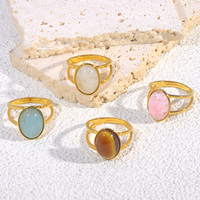 Bague double bande ovale vintage en acier inoxydable plaqué or 18 carats avec cabochon en résine colorée pour femme, bijoux de mode quotidiens en gros