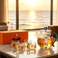 Service à thé en verre borosilicate avec rose 3D créative à l'intérieur, théière de 1600 ml, 4 tasses, coffret cadeau de luxe, théière en verre résistant à la chaleur