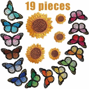 Wholesale 8X4.5CM Customize Logo Butterfly <strong>Sunflower</strong> Woven <strong>Embroidered</strong> Patch Iron on Embroidery Cloth Patches - Product Image 1