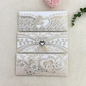 Stock or custom design China factory wholesale pocket style royal heart and flower shape wedding invitations