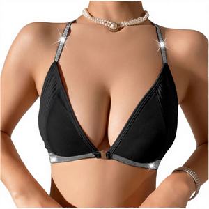Nuevo sujetador de punto sin costuras para mujer, sin aros, transpirable, con diseño de cinturón plateado, cuello halter, sin espalda, media copa, sexy y convertible. - Product Image 4