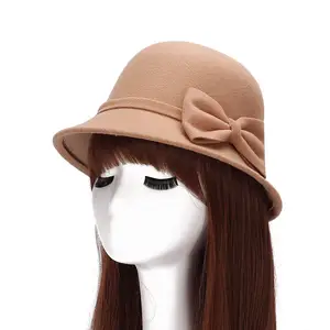 HZM-60898女式20世纪20年代复古羊毛毡钟形桶圆顶礼帽冬季复古蝴蝶结软呢帽教堂德比帽