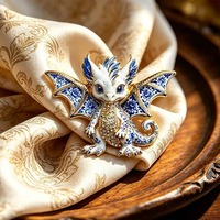 Broche Mignonne Bébé Dragon Chinois en Émail Bleu Floral avec Strass