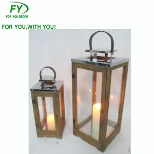 Rectangular Wooden lantern with leather handle