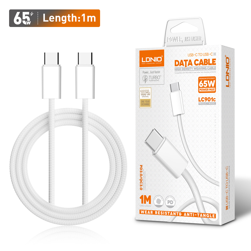 LDNIO OEM 1m 65W Type-C To Type-C Cable Support PD And QC Fast Charging Usb Data Cable For Phone