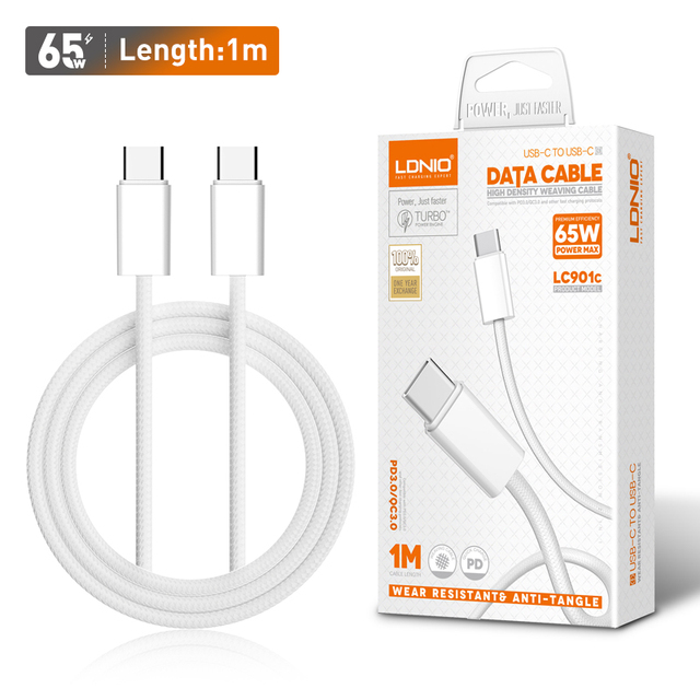 LDNIO Wholesale OEM 1m 65W Type-C to Type-C Cable Support PD and QC Fast Charging Usb Data Cable for Phone
