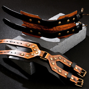 Genuine <b>Leather</b> <b>Bracelet</b> Cowhide Retro Cross Punk Style Wide Wristband X-Shaped Long Strip Jewelry Decorative Fashion Band - Product Image 2