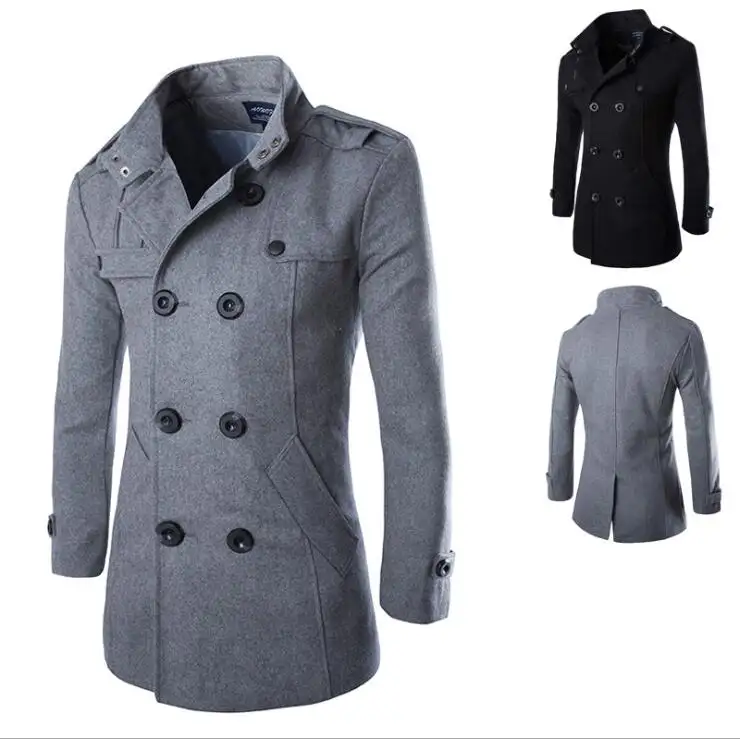 LM9102Q men woolen overcoat features long double-breasted mens trench coat