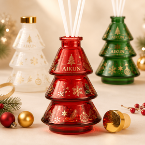 Aikun Festive Red Tree Shaped Glass White Stick Gold Printed Flameless Home Aroma Christmas Reed <b>Diffuser</b> for Holiday Decoration - Product Image 1
