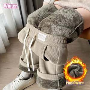 Pantalones Largos de Felpa Gruesa para Mujer, Cálidos para Invierno, Sin Costuras, de Cintura Alta, Rectos, con Cordón Ajustable, Casuales y a la Moda - Product Image 4