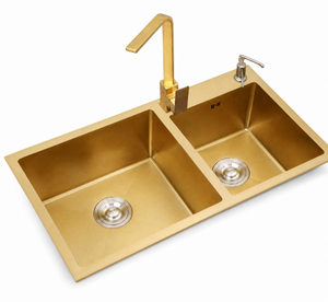 Lavello da <span class=keywords><strong>Cucina</strong></span> a Doppia Vasca in Acciaio Inossidabile Dorato con Rubinetto ad Arco Alto, <span class=keywords><strong>Doppio</strong></span> Scarico, Vasche Profonde, Bordo Largo Moderno, Fornitura B2B OEM ODM - Product Image 2