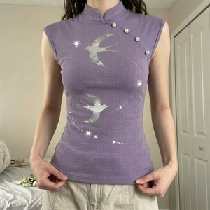 Nuevo Chaleco sin Mangas con Estampado de Golondrina Estilo Chino, Diseño de Cuello Pankou con Perlas, Top Elegante y Ajustado Estilo Vintage para Chicas - Product Image 4