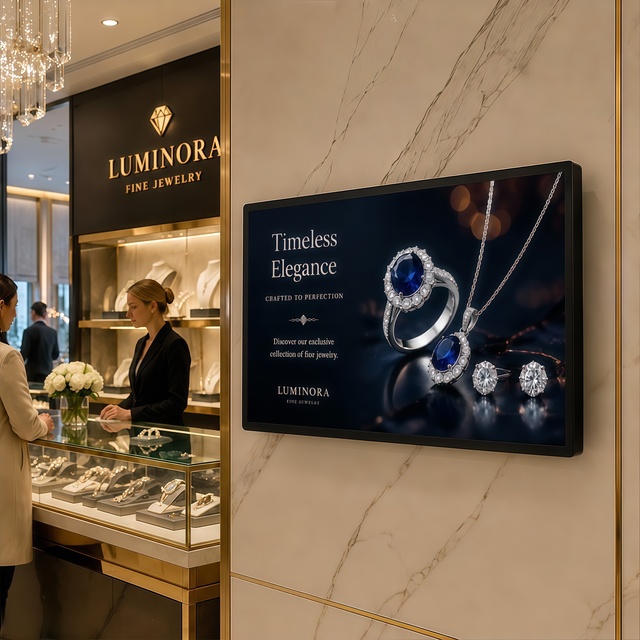 AR Glass Anti-Reflective Advertising Screen 43 55 Inch | Wall Mounted Android 4K UHD Signage for Luxury Shop & Jewelry Store