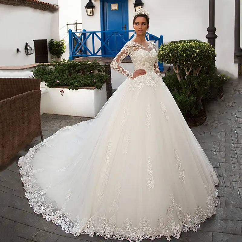 दौर गर्दन लंबी आस्तीन फीता फ्रेंच दुल्हन शैली शादी की पोशाक की पूंछ शादी की पोशाक लंबी आस्तीन शादी की पोशाक