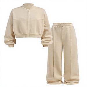 <b>Womens</b> <b>Beige</b> Cream Full Zip Bomber Tracksuit Heavyweight Stand Collar <b>Jacket</b> And Matching Center-Seam Wide-Leg Sweatpants Set - Product Image 3