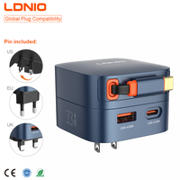 Pengisi Daya Ponsel Cepat LDNIO Q9 33W dengan Kabel USB C Retraktil Terintegrasi, Charger Perjalanan GaN 2 Port untuk Ponsel dan Laptop Tipis