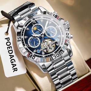 Reloj POEDAGAR 1423 para Hombre, Cronógrafo de Acero Inoxidable, Resistente al Agua, con Manecillas Luminosas, Reloj Mecánico Automático con Fecha y Día de la Semana - Product Image 1