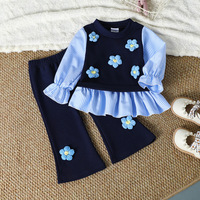 Ensemble pour bébés filles : Gilet côtelé à fleurs 3D au crochet, Blouse à volants rayée à manches péplum et Pantalon évasé côtelé élastique
