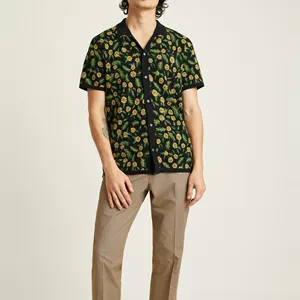 Custom OEM Knit Jacquard Logo Knitted Cotton Shirts Short Sleeved Sweater Oversized Flower Knitwear Shirts For Man