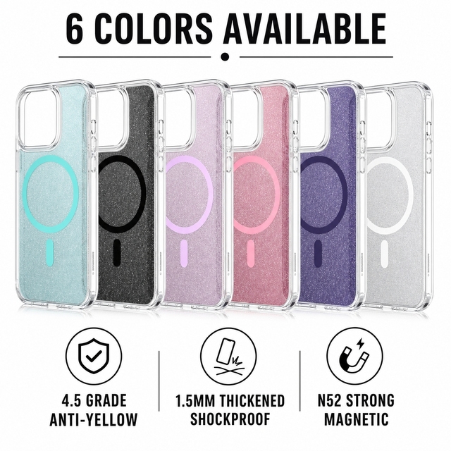 Factory Price Clear Anti Yellow 1.5mm Glitter Magnetic Charging TPU PC Cover for iPhone 18 17 Smooth Wholesale Protective Case