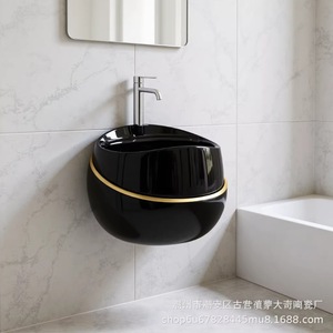 Lavabo de cerámica negro brillante BOAJJ Shore con borde dorado, lavabo moderno para baño - Product Image 2