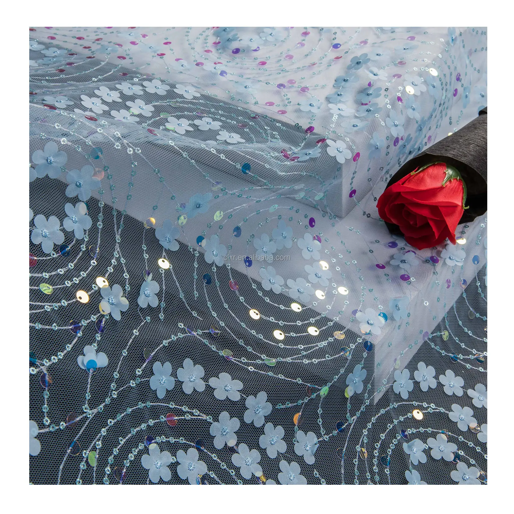 Morden Style traspirante 3D tessuto di pizzo floreale decorazione di nozze ricamo con paillettes tessuto di Tulle di poliestere