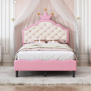 New Modern Twin Size Lovely Crown Fantasy PU Leather Princess Box Spring <b>Bed</b> Tufted Headboard Metal <b>Frame</b> Durable Eco-Friendly - Product Image 2