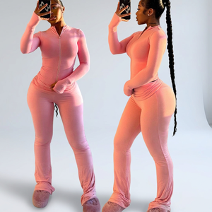Fabricants de vêtements de marque : Ensembles d'entraînement personnalisés pour femmes – Veste de yoga sans couture et pantalon évasé à revers – Ensembles deux pièces pour femmes - Product Image 1