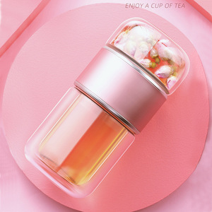 Double Walled Insulated Glass Tea Cup With Lid And Filter For Travel Rose Gold - Product Image 1