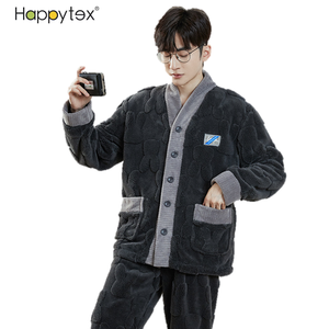 Top sólido cálido de <span class=keywords><strong>invierno</strong></span> con pantalones, ropa de casa, conjunto de PJ de manga larga, ropa de dormir gruesa de lana Coral para <span class=keywords><strong>hombre</strong></span>, interior y exterior con cremallera - Product Image 3