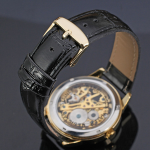 Luxury Vintage <b>Skeleton</b> Mechanical <b>Watch</b> for Men Gold Open Work Dial Black Leather Strap Mechanical Wristwatch - Product Image 3