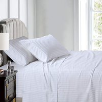 Parure de Lit de Luxe Blanche Douce Rayures 1cm Qualité Hôtelière 100% Coton Égyptien Draps Hôteliers 4 Pièces
