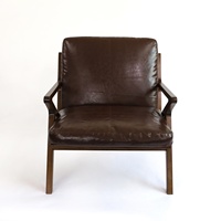 Fauteuil d'appoint en bois massif de style Mid-Century, fauteuil de loisirs rembourré en cuir PU vieilli avec accoudoirs en bois ouverts