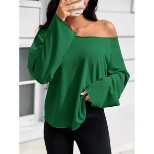 Hauts pour femmes à épaules dénudées, pull oversize à manches longues, chemisier en tricot respirant vert, grande taille - Product Image 3