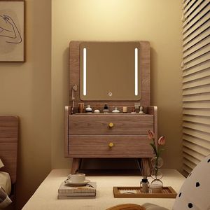 Mini Makeup Table Solid Wood With <b>Drawer</b> Natural Walnut Color For <b>Small</b> Bedroom Vanity Desk - Product Image 2