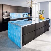 YDSTONE Dalle moderne en onyx bleu 4 pi X 8 pi Marbre translucide rétro-éclairé Panneau mural en pierre naturelle Comptoir poli