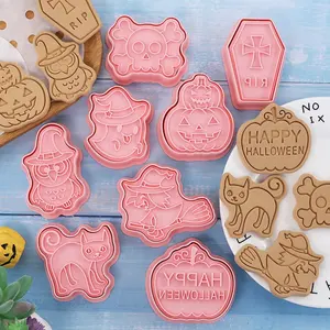 YJ Wonderful Custom 8 Pieces Halloween Cookie Cutters and Stamp Set With 3D Cookie Pastry Biscuit Cake Fondant Mold