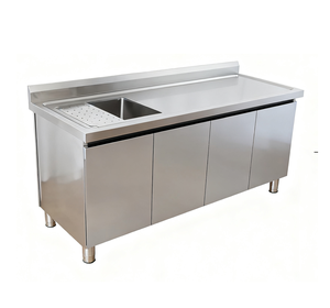 Table <span class=keywords><strong>de</strong></span> préparation <span class=keywords><strong>de</strong></span> cuisine professionnelle en acier inoxydable certifiée ISO avec armoire, évier intégré et tiroirs auto-nettoyants - Product Image 1