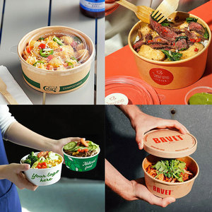 Tùy Chỉnh 900Ml 1500Ml Lớn Vòng Nâu Dùng Một Lần Rộng Kraft Cấp Thực Phẩm Giấy Bát <span class=keywords><strong>Container</strong></span> Và Bìa Nắp Cho Gạo Noodle Salad - Product Image 2