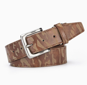 Ceinture en cuir marron avec imprimé <span class=keywords><strong>camouflage</strong></span> classique, boucle rectangulaire vintage argentée, largeur 3,8 cm, longueur 105 cm, style décontracté - Product Image 3