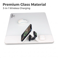 Tapis de souris pliable 3-en-1 en verre trempé et cuir PU avec charge sans fil 15W à charge rapide pour smartphone/montre/écouteurs Gaming