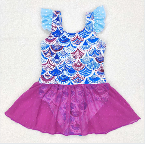 Little Girls One Piece Swimsuit Mermaid Scale Print Ruffle Shoulder Mesh Skirted Breathable Nylon/Cotton - Product Image 1