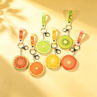Porte-clés Miroir Compact en Forme de Tranche de Fruit avec Sangle en Cuir PU, Miroir de Maquillage Portable, Porte-clés Mignon Rond de Poche, Cadeau pour Femme