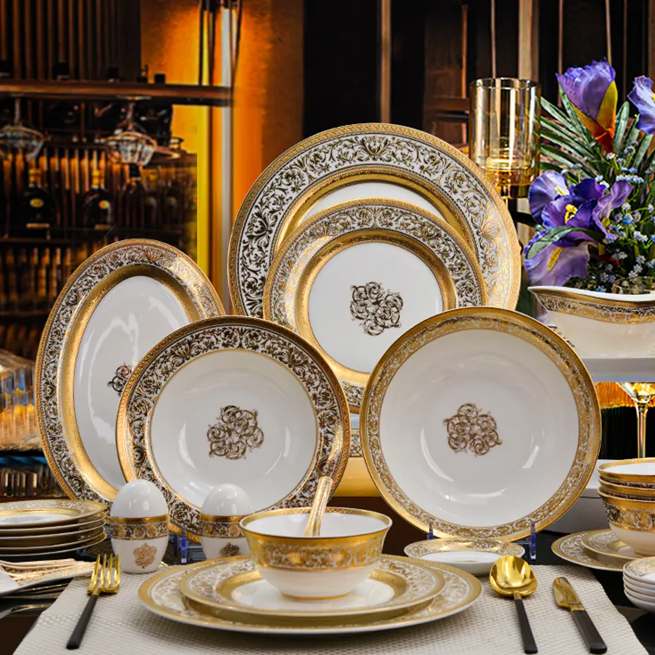 karosa luxury 79pcs Embossed gold porcelain bone china wholesale dinnerware dinner plate dishes bowls for 12 people