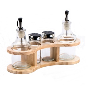 4 Lọ Giấm Dầu Thủy Tinh 240Ml Và Bộ Gia Vị Muối Tiêu 80Ml Có Giá Đỡ Bằng Gỗ (TW1014) - Product Image 1