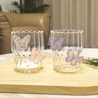 Tasse à café en verre fait main 3D, motif papillon violet et rose, texture rayée, résistante à la chaleur, pour cadeau ou fête de jardin