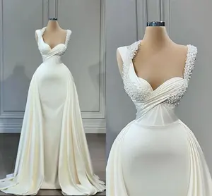 Long White Summer Women Floor Length Satin Mermaid Wedding Dresses with Pearls Vestidos De Novia MW711